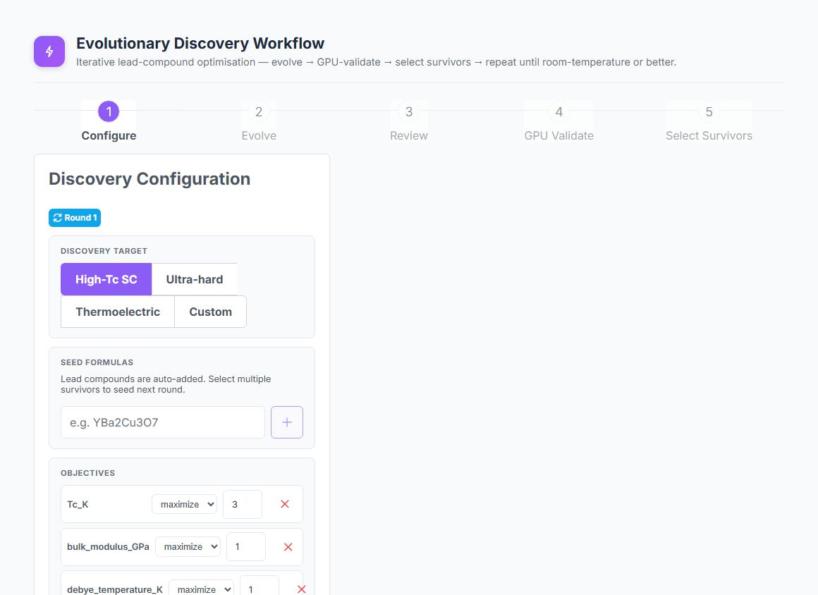 Discovery configuration panel with seed formulas, preset target profile, objectives, and constraint editor