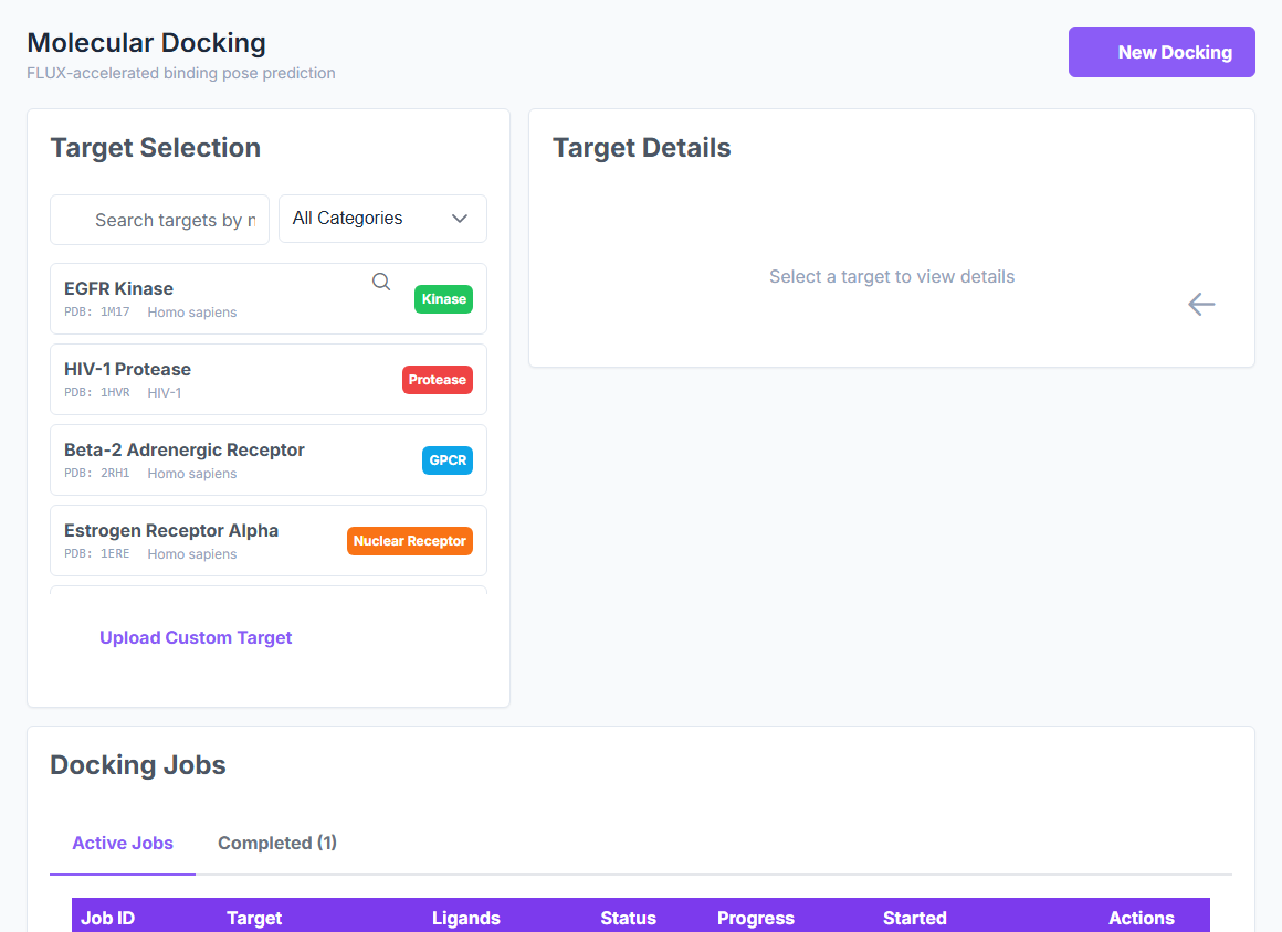 Target selection panel with search and filter-by-category