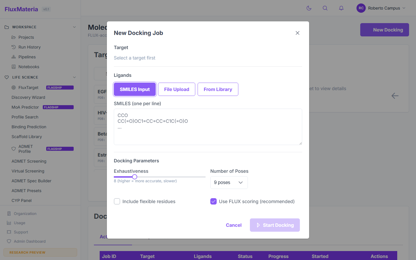 New docking dialog with ligand entry, exhaustiveness, pose count, and flexible residue toggle