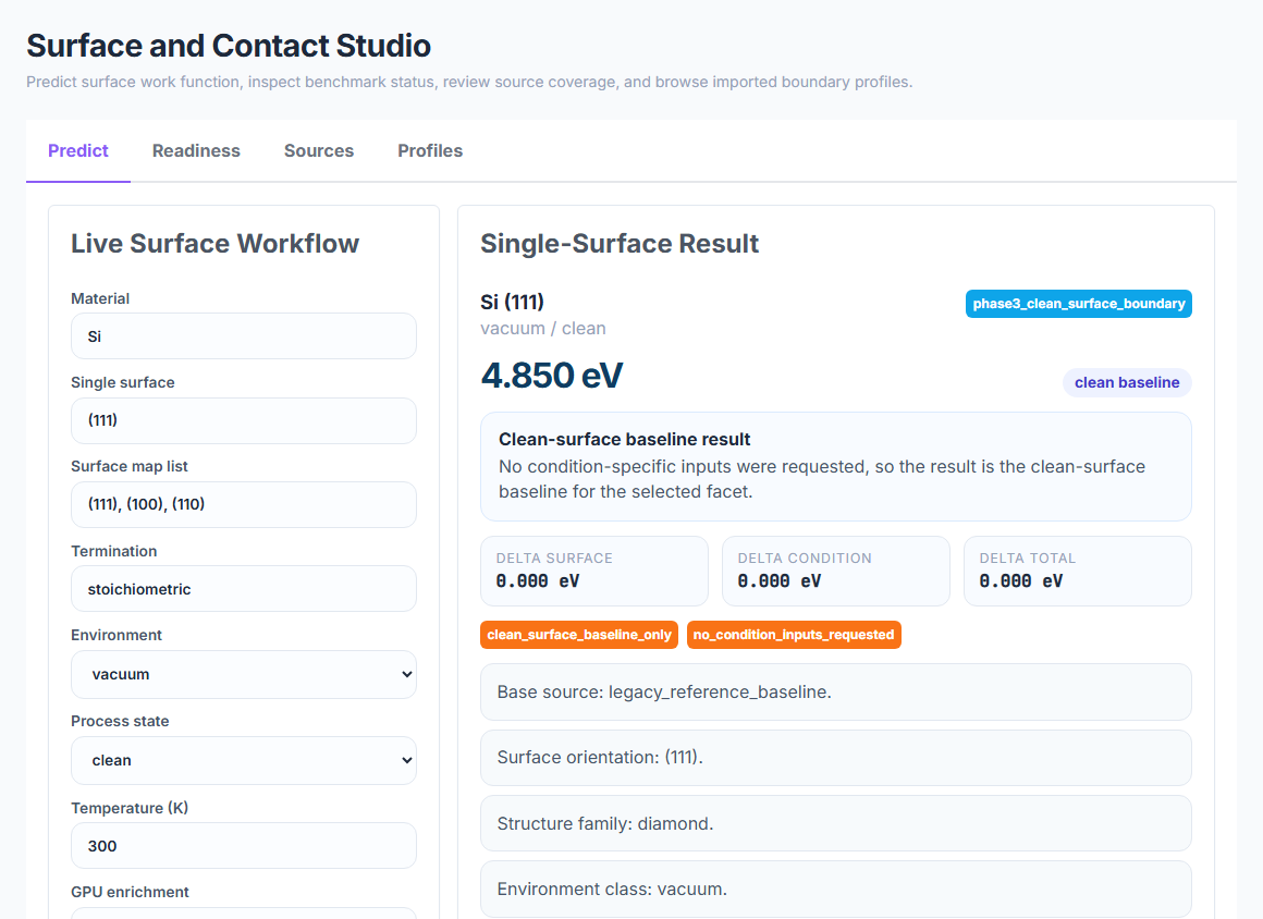 Surface prediction panel with material, facet, environment, process state, and work function result
